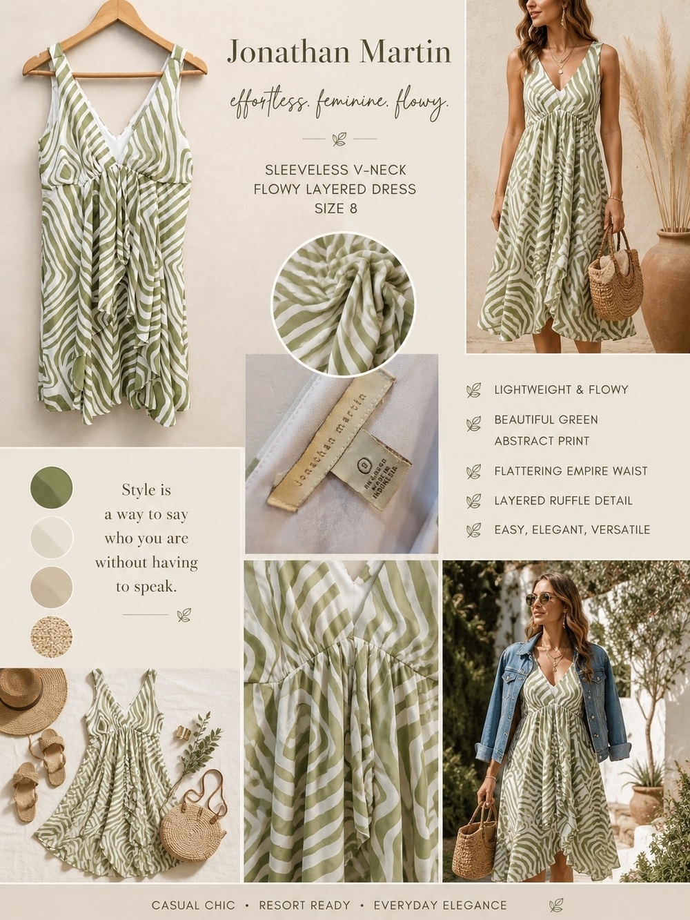 Jonathan Martin Sleeveless V-Neck Flowy Layered Dress Sz 8 Sage Green